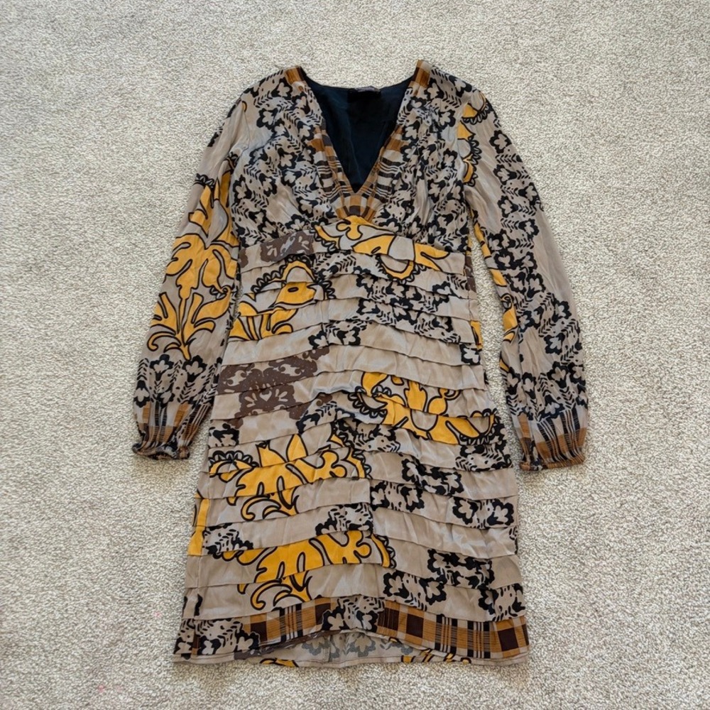 Hale Bob Silk Dress Womens M Taupe Gold Printed Tiered Y2K Indie Sleaze Boho